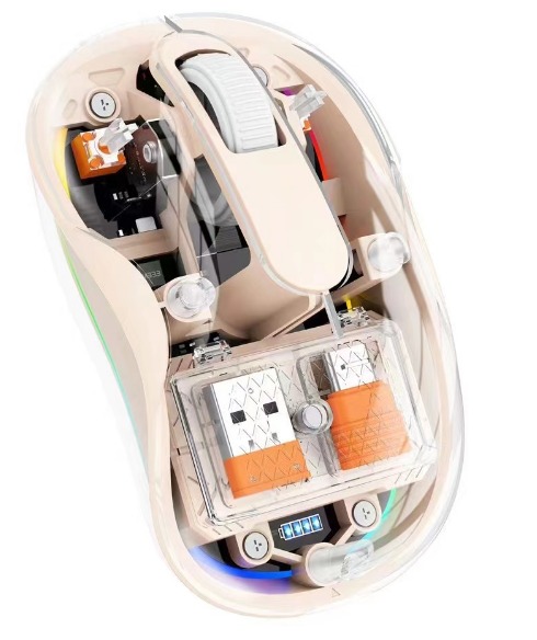 Mouse Nou M333, 2400dpi, 3 Butoane, Indicator Nivel Baterie, Transparent, RGB, Crem, USB-A + USB-C, Wireless + Bluetooth