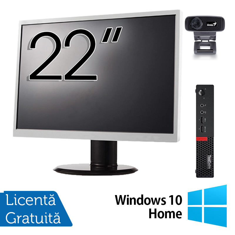 Pachet Calculator Lenovo Mini PC M910, Intel Core i5-7500T 2.70GHz, 4GB DDR4, 120GB SSD + Monitor 22 Inch + Webcam + Tastatura si Mouse + Windows 10 Home