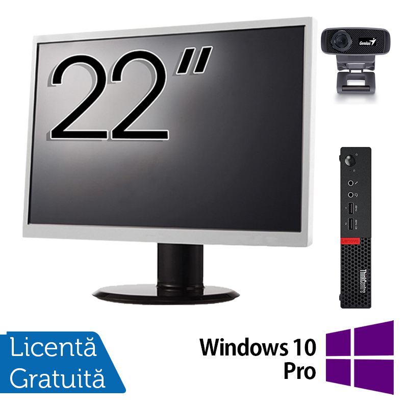 Pachet Calculator Lenovo Mini PC M910, Intel Core i5-7500T 2.70GHz, 4GB DDR4, 120GB SSD + Monitor 22 Inch + Webcam + Tastatura si Mouse + Windows 10 Pro