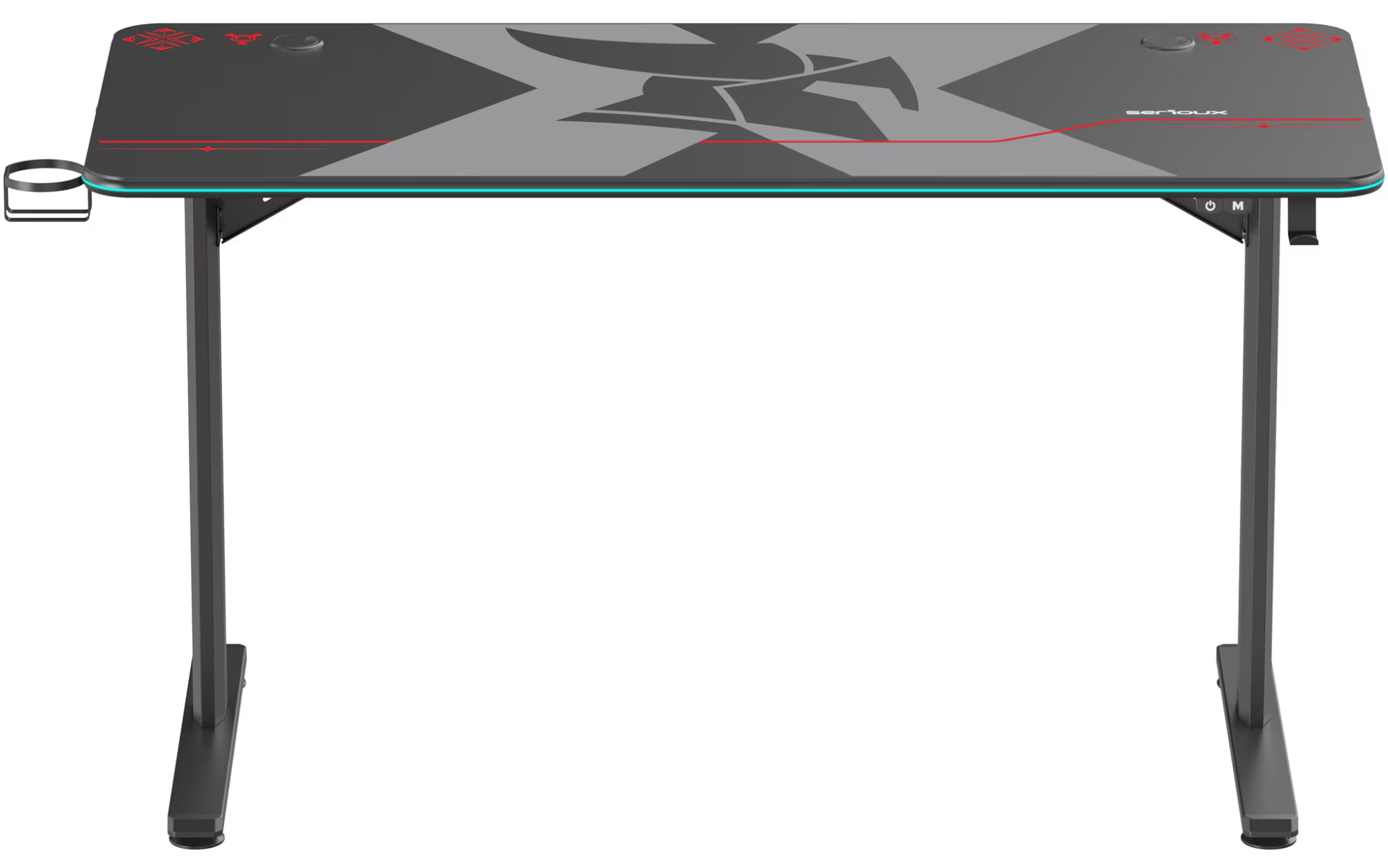 Birou Gaming Serioux Aeter iluminare LED RGB, 120x60x75cm, blat 136x60x1.8cm, MDF și oțel, negru, mouse pad, suport cana, suport casti
